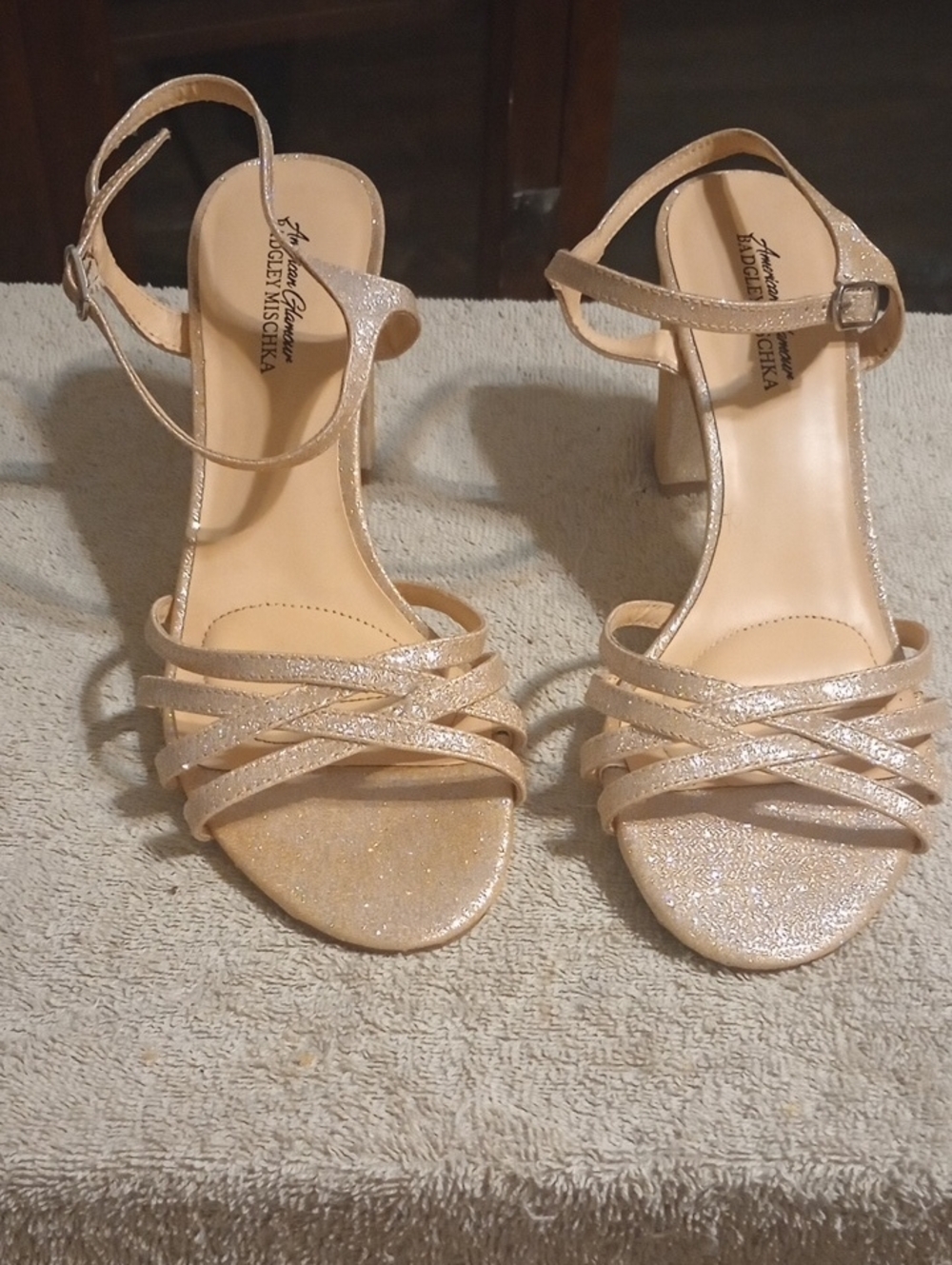 Badgley Mischka Glitter Strappy Block Heel Sandals - Champagne Gold Shimmering